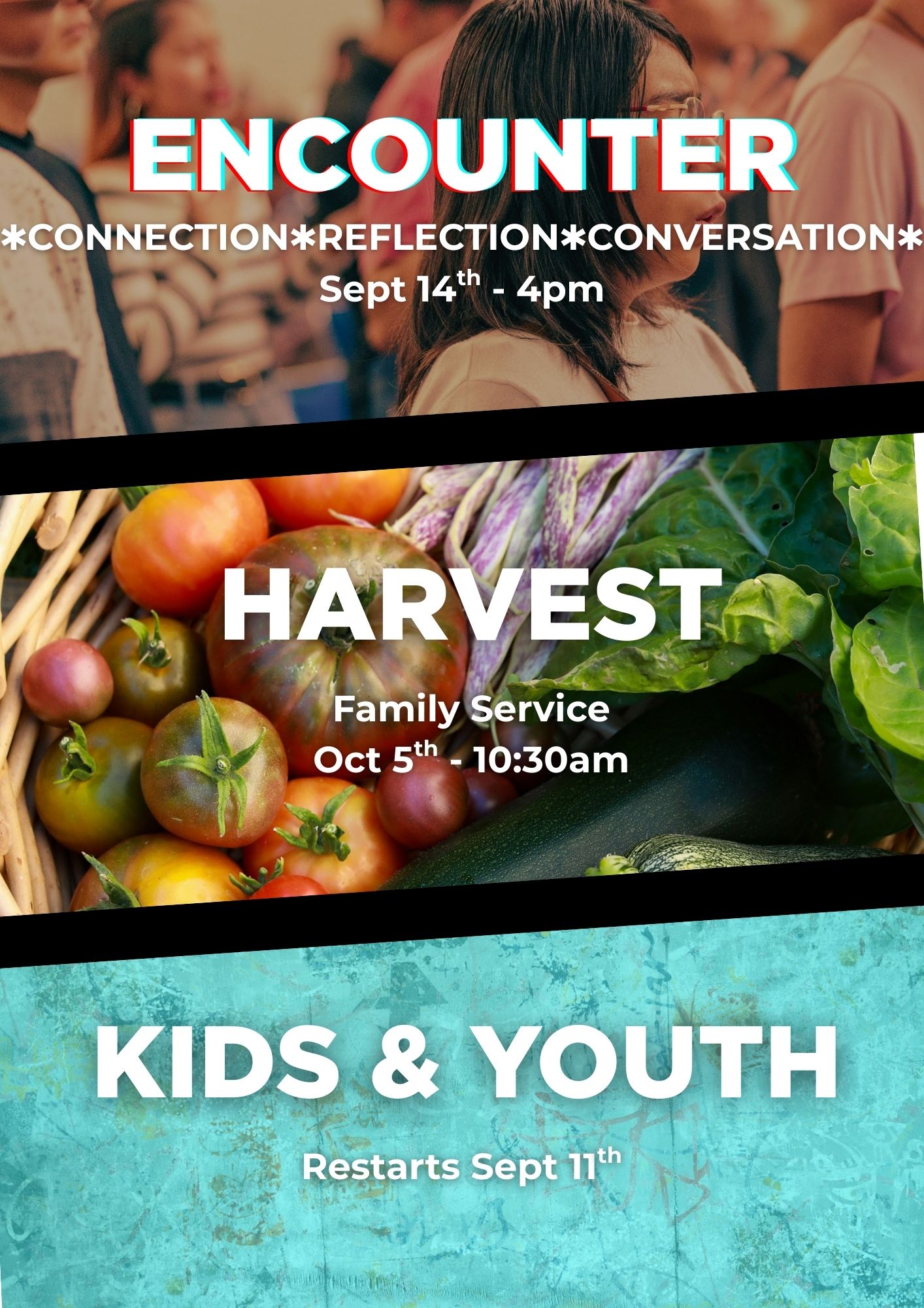 Poster of events for Autumn 2025 - Encounter, harvest service, and new term for kids and youth club